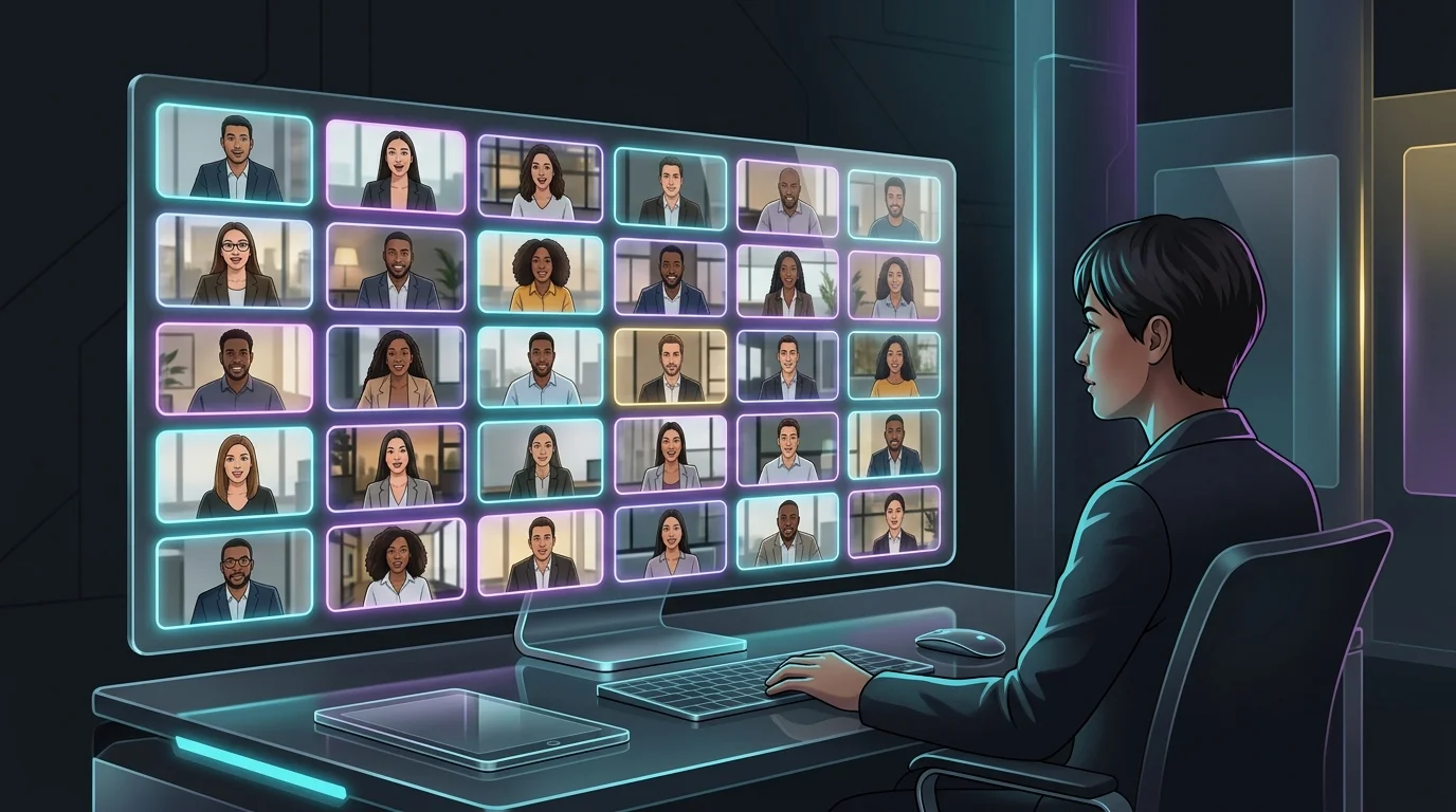 Recruiter reviewing a grid of candidate video responses on a HireVue AI recruiting tool dashboard.