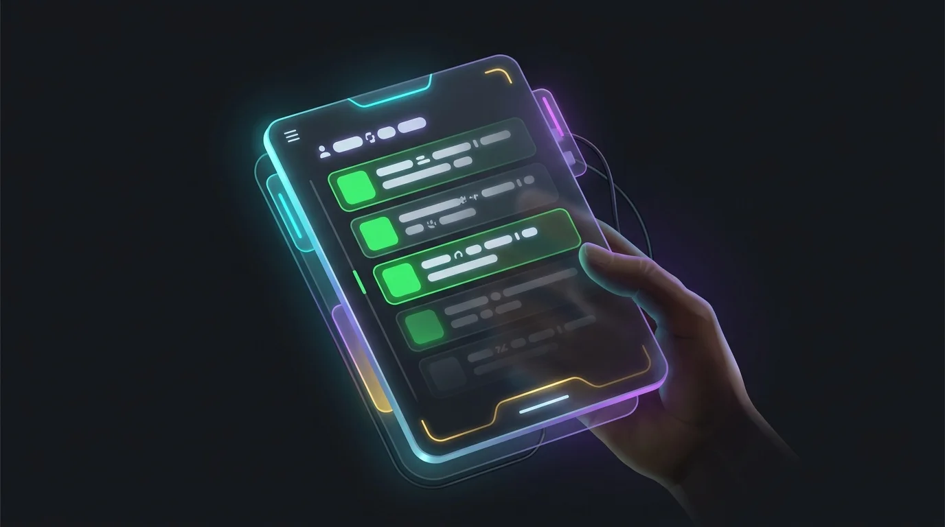 Anyword tablet display showing marketing headlines with green high-performance scores for AI copywriting.
