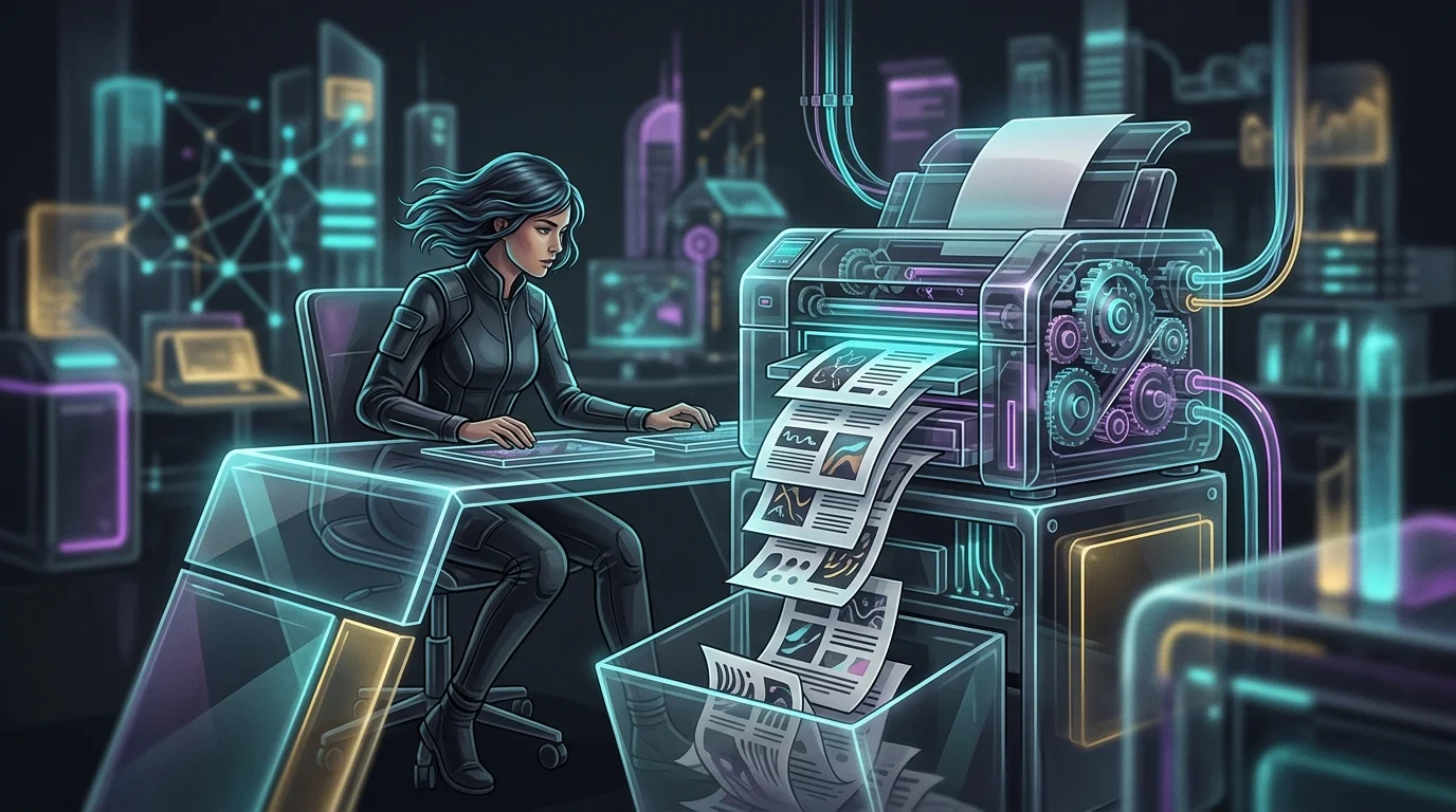 High-speed printer generating bulk marketing headlines for Copy.ai workflows in an AI copywriting tool.