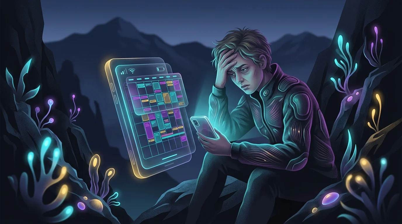 Frustrated user looking at a crowded, rigid Motion calendar on a smartphone with poor connectivity.