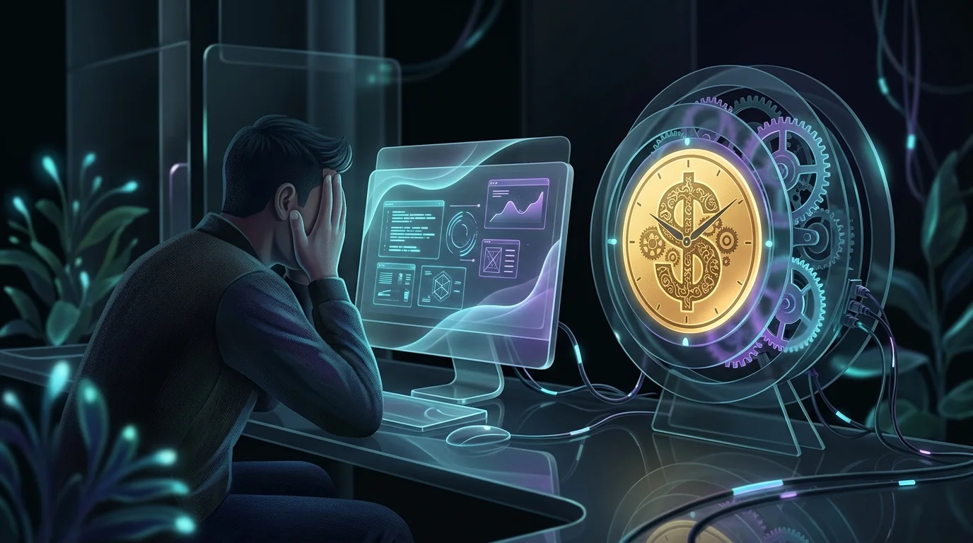 Frustrated professional looking at a computer while a clock counts down the cost of a Motion subscription.