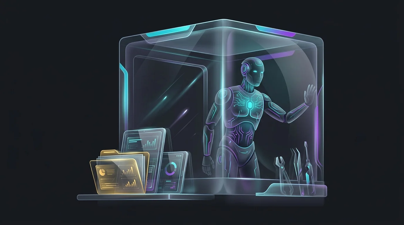 Robot trapped in a glass box unable to access external files, highlighting Notion AI workspace limitations.