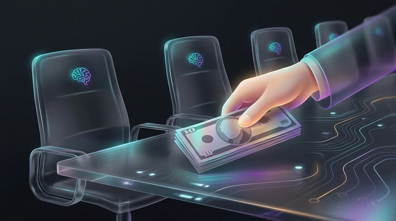 Hand placing cash next to office chairs with AI icons to represent the monthly per-seat cost of Notion AI.