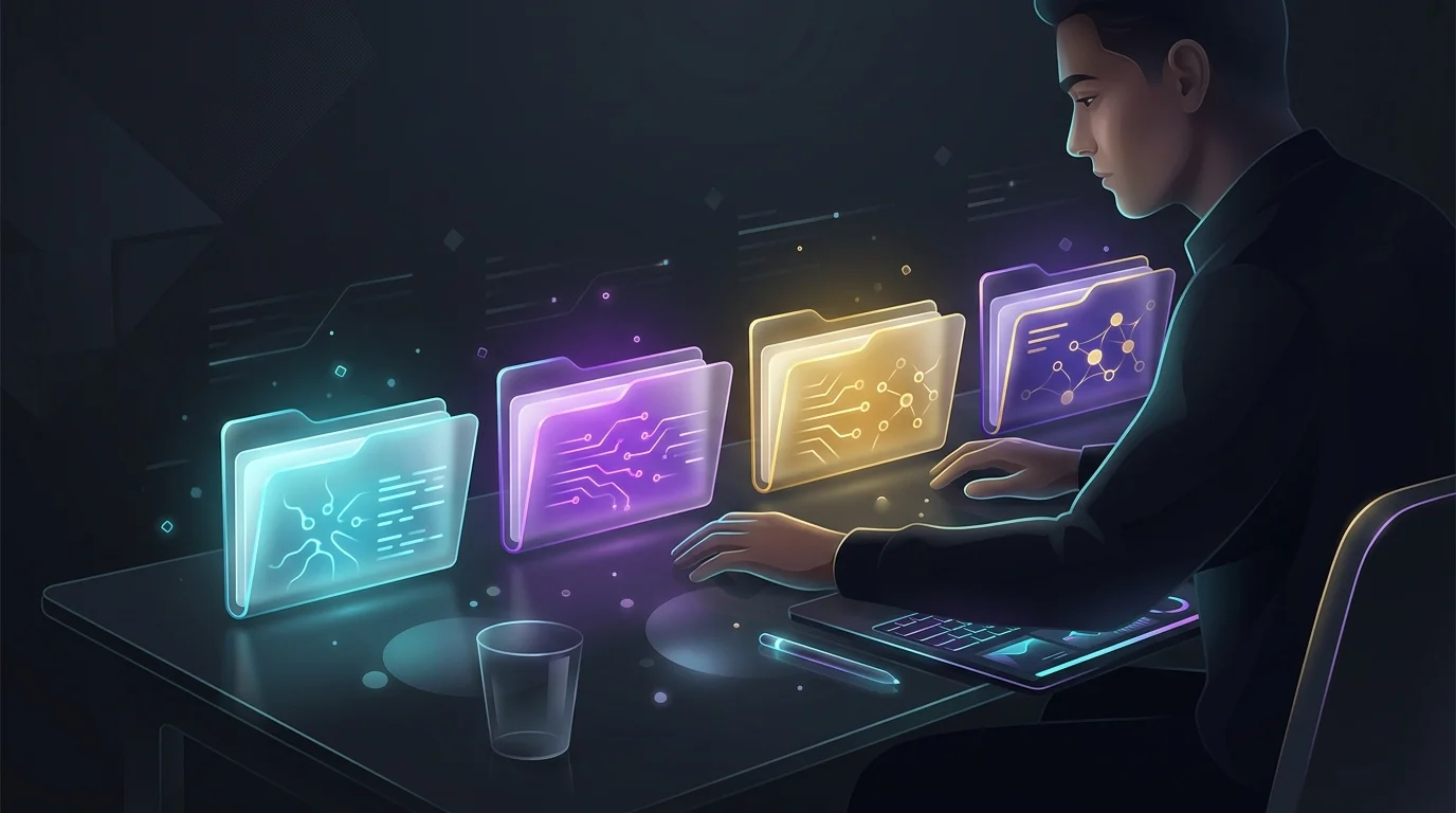 Person at a desk choosing between four folders representing different Gamma AI presentation subscription paths.