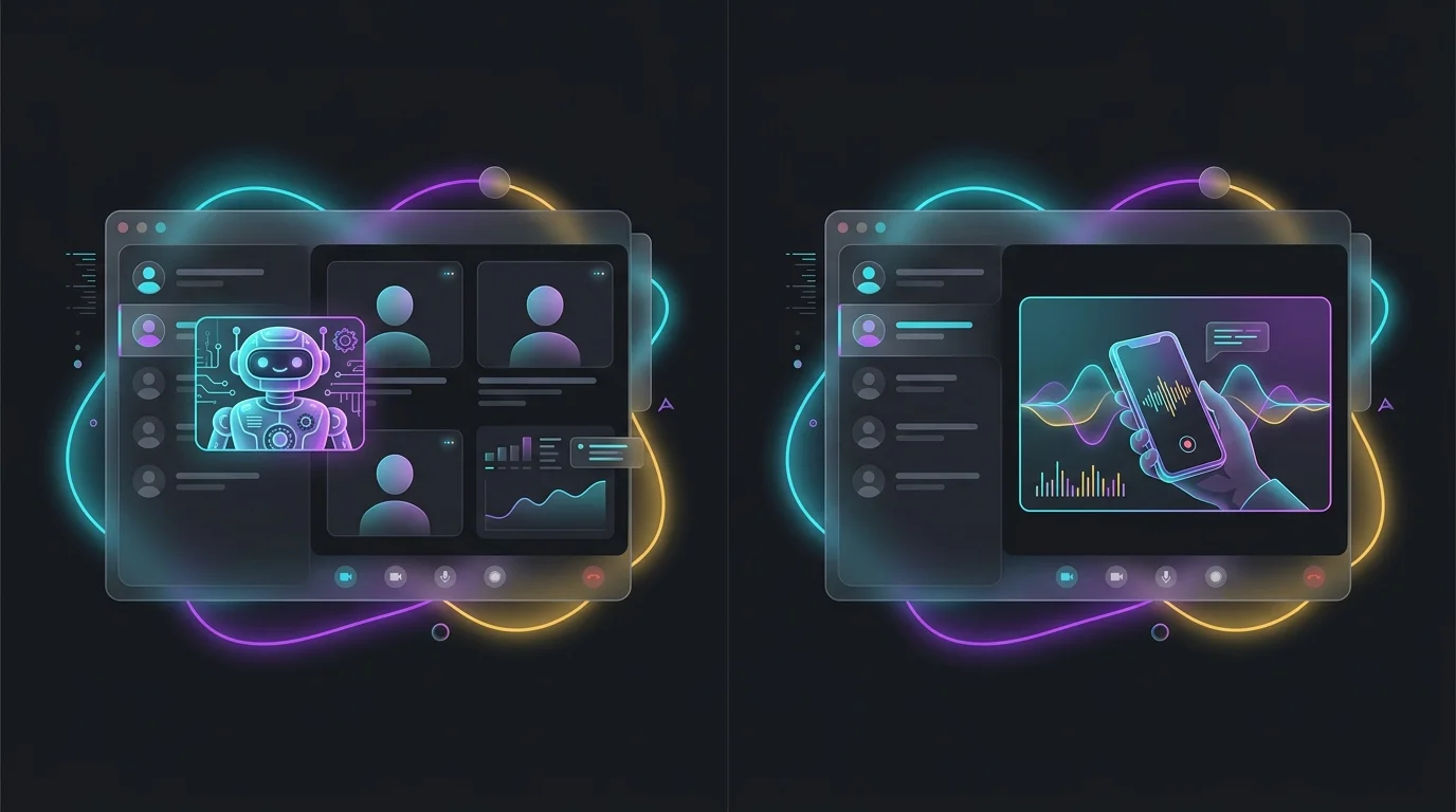 Side-by-side view comparing an OtterPilot meeting bot icon to a manual smartphone recording for AI meeting tools.