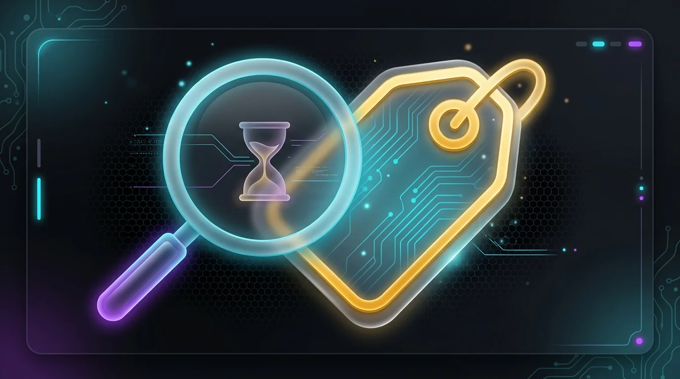 Magnifying glass revealing a hidden hourglass behind a price tag on a calendar to represent AI meeting note storage limits.