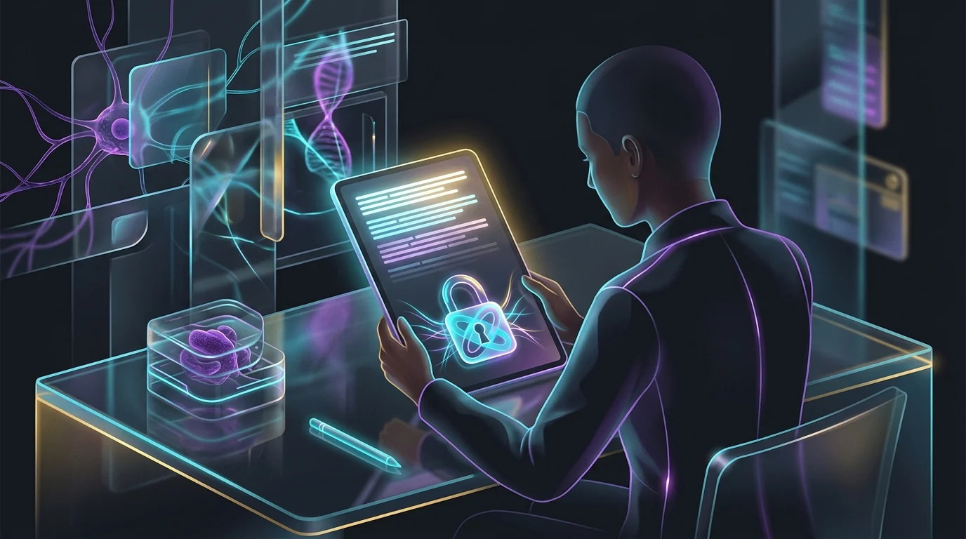 Person looking at a tablet showing a meeting transcript with a locked icon representing AI notetaker plan restrictions.
