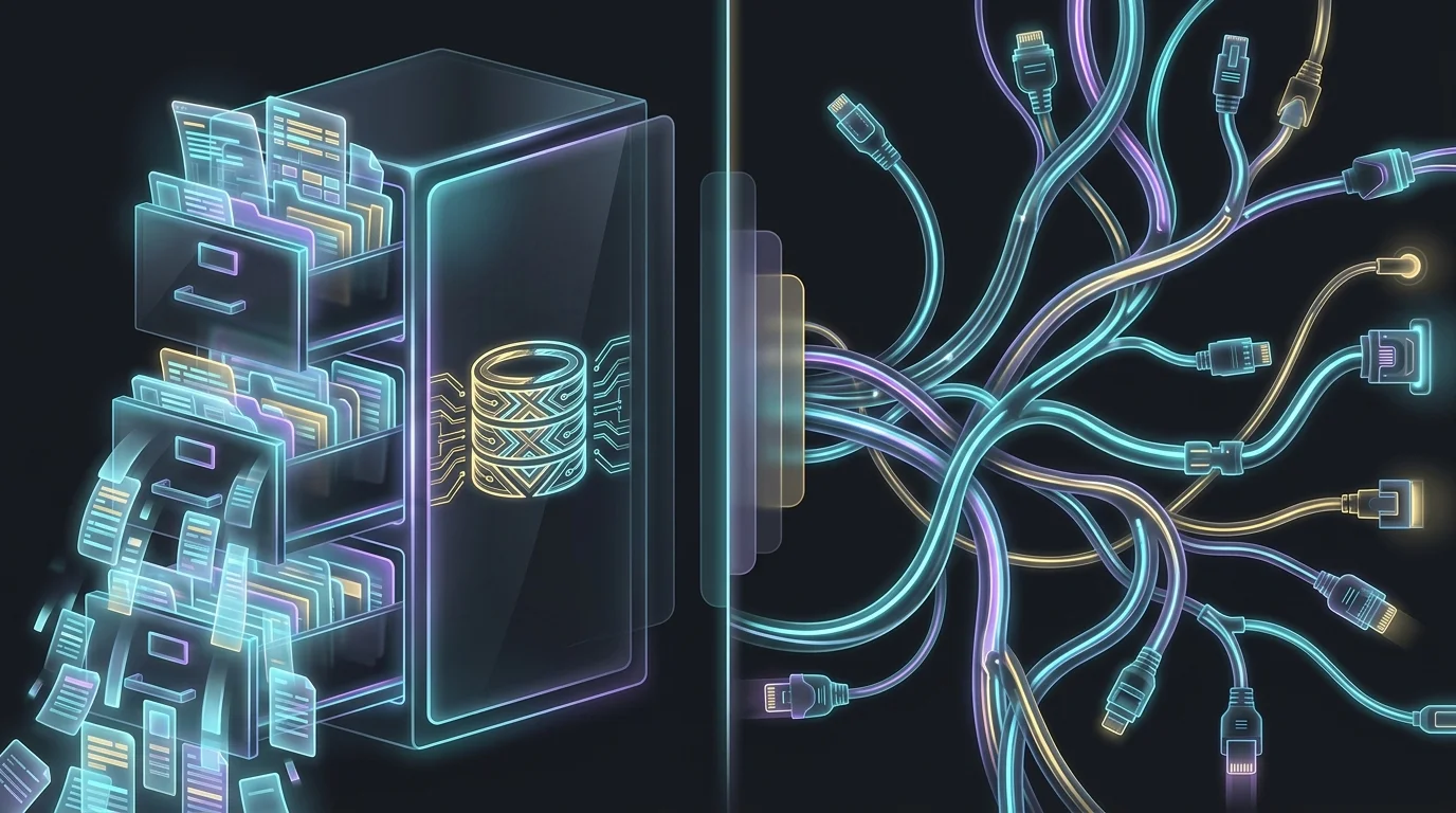 Digital filing cabinet and data cables representing Apollo.io contact database and prospecting integration.