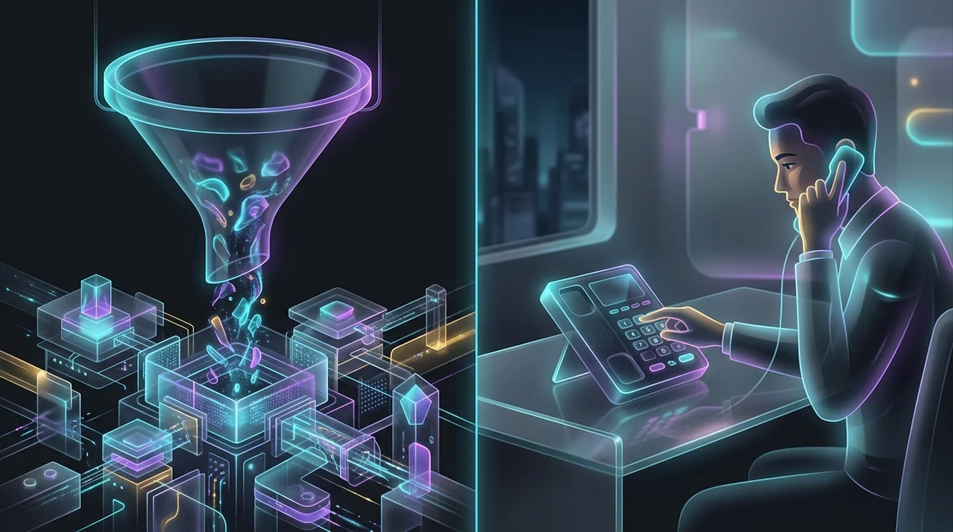 Split-screen illustration comparing high-volume automated AI CRM pipelines with manual cold calling outreach.