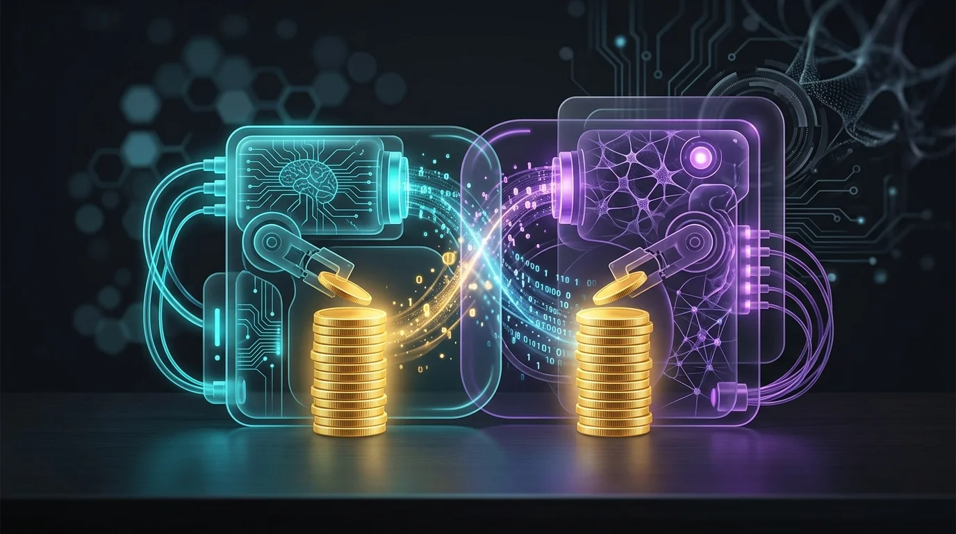 Two stacks of gold coins representing duplicate spend being processed by overlapping AI CRM data enrichment tools.
