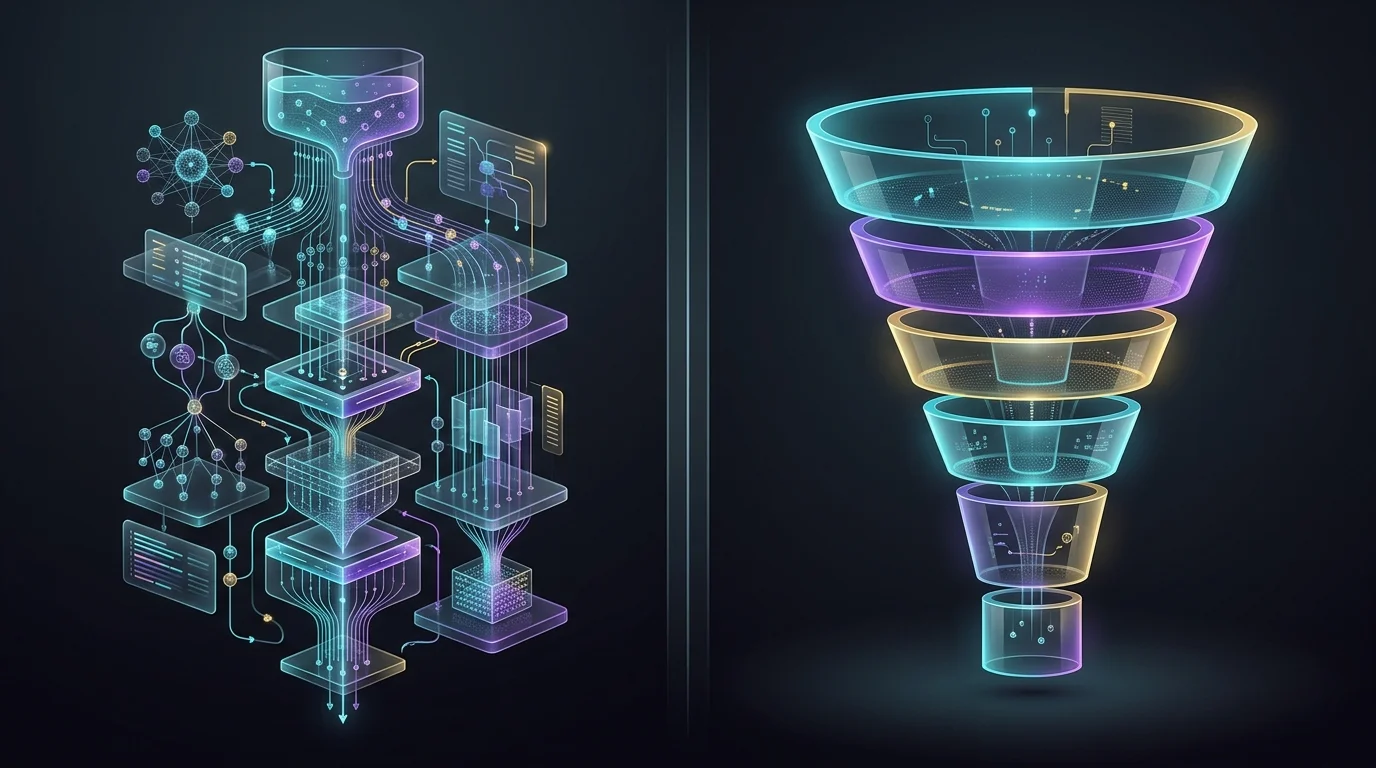 Data visualization comparing AI CRM sales funnel stages with complex prospect data flows.
