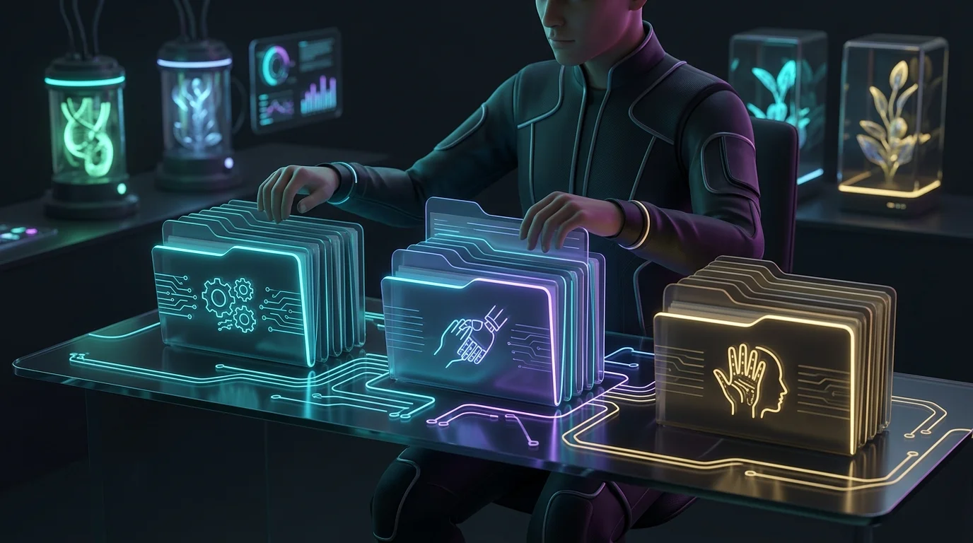Person sorting tasks into three stacks to decide which processes to automate versus keeping a virtual assistant.