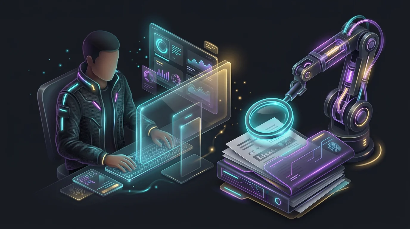 Person reviewing digital documents while a robotic arm inspects files, highlighting the oversight needed for AI automation.