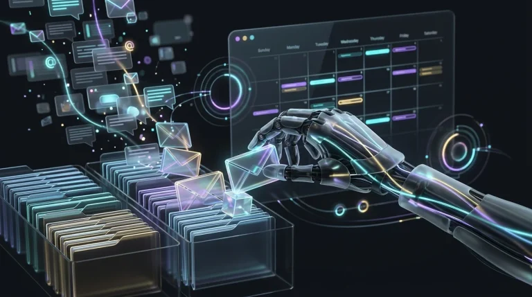Robotic hand organizing emails and syncing calendars to demonstrate AI automation efficiency for virtual assistant tasks.