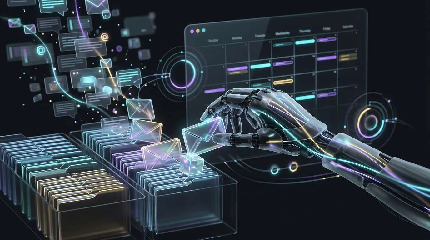 Robotic hand organizing emails and syncing calendars to demonstrate AI automation efficiency for virtual assistant tasks.