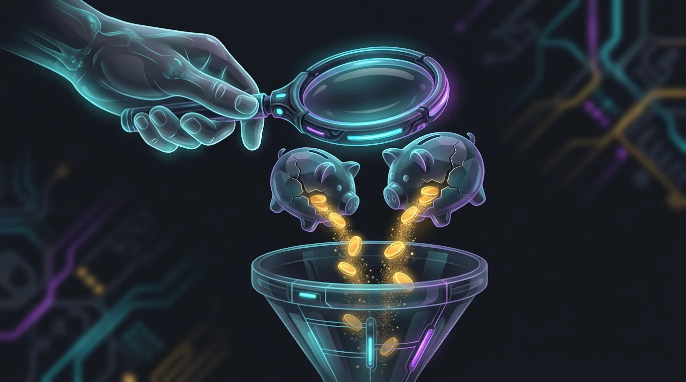 Magnifying glass over cracked piggy banks losing coins, illustrating the hidden costs of using Rocket Money services.
