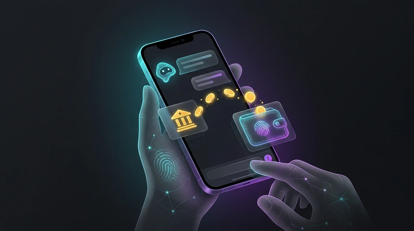 Smartphone displaying a Cleo chat interface with animated coins representing AI-powered money management.