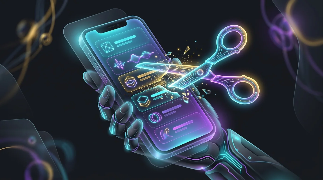 Smartphone screen showing digital scissors cutting through subscription logos in the Rocket Money app.