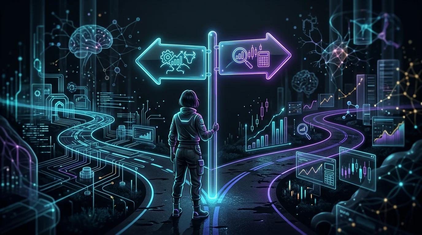 Investor at a fork in the road choosing between automated AI investing tools and manual stock analysis.