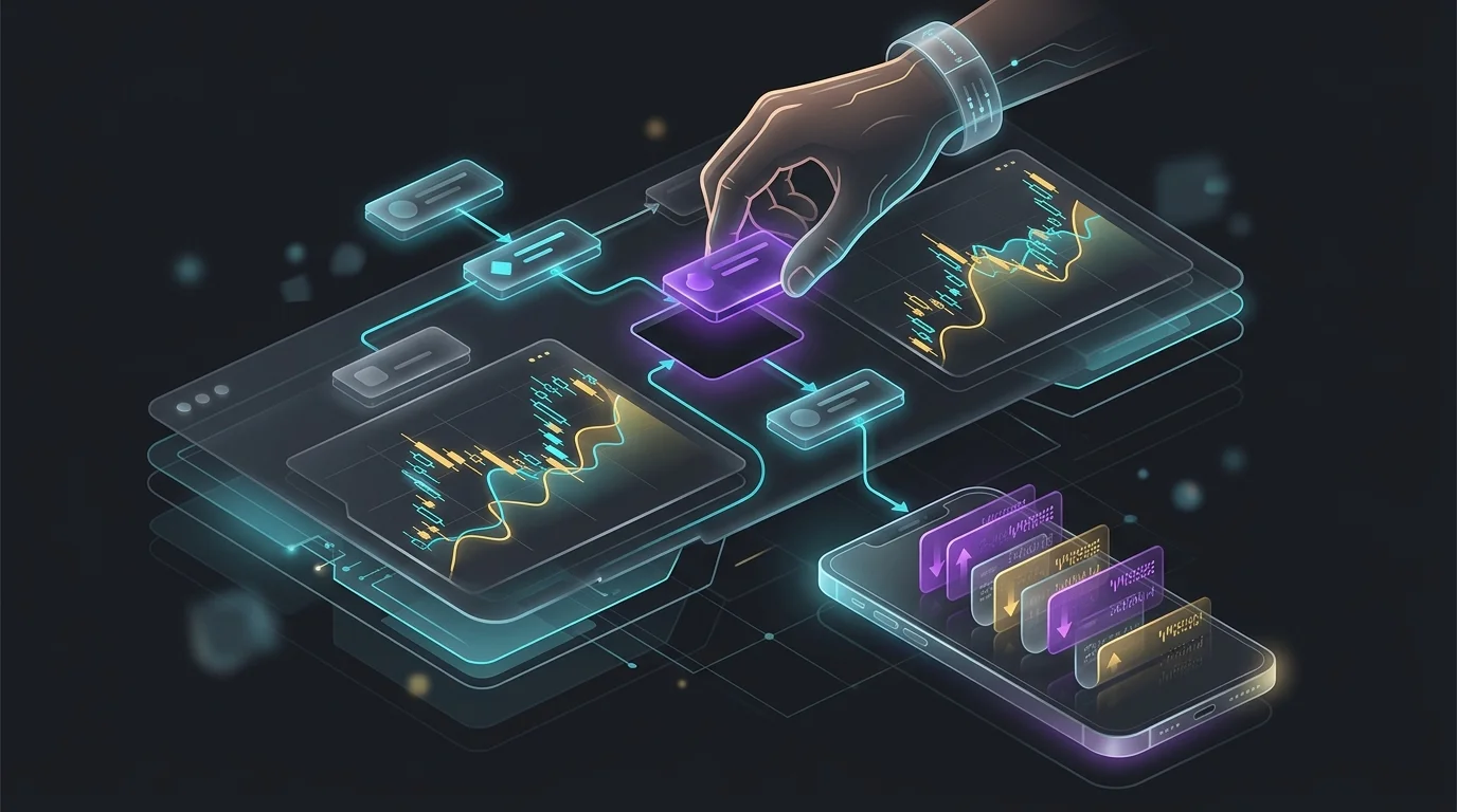 Hand dragging a logic block into a Composer strategy builder to automate stock trades on a smartphone.