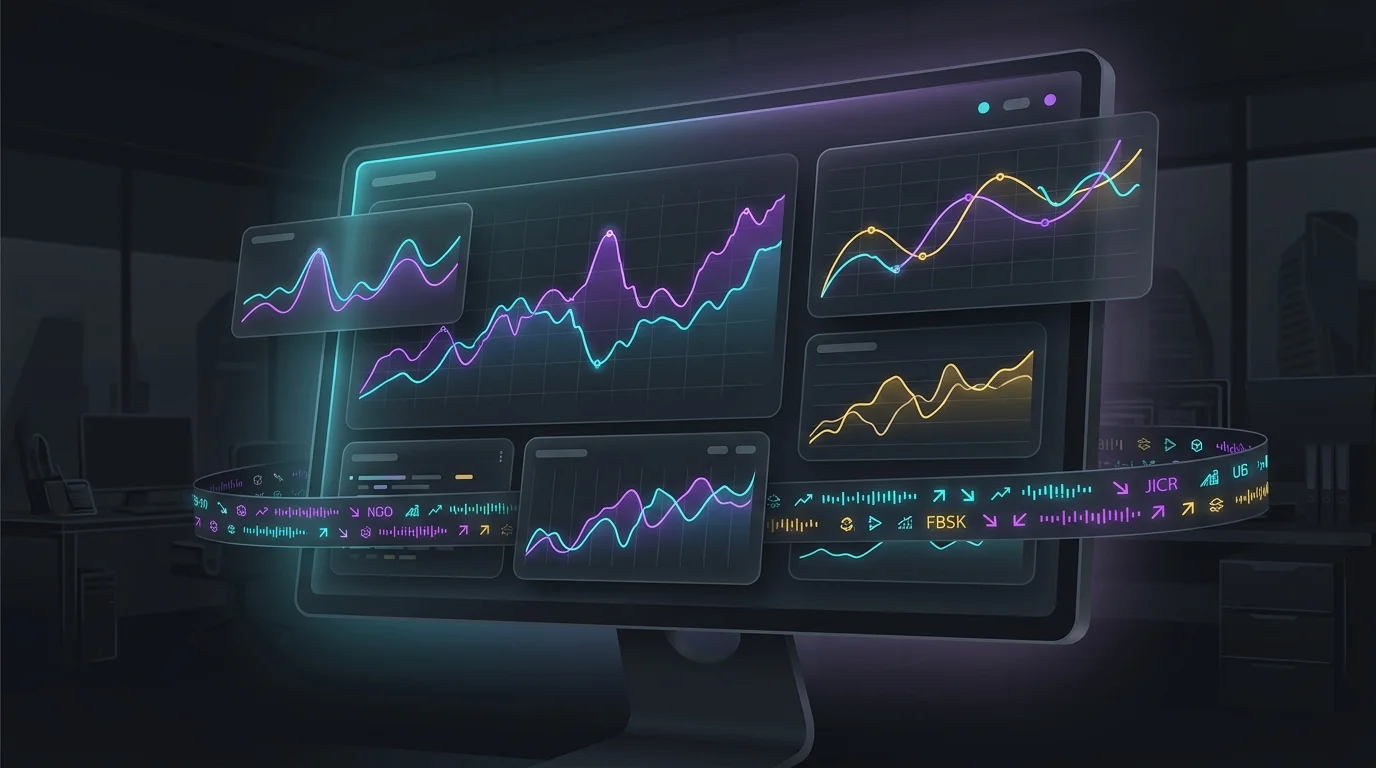 Glowing Trade Ideas real-time stock dashboard showing market data and ticker symbols on a high-tech monitor.