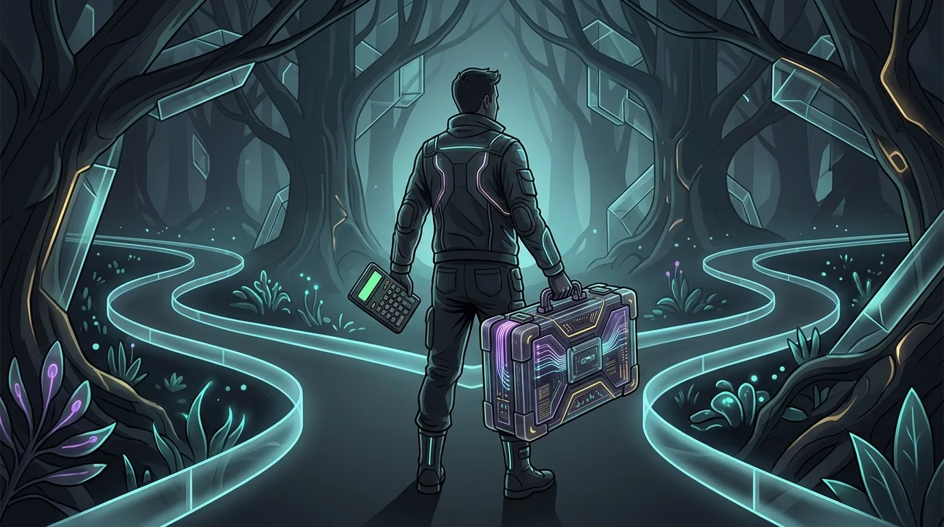 Person at a crossroads holding a simple calculator and heavy briefcase to represent AI tax app trade-offs.