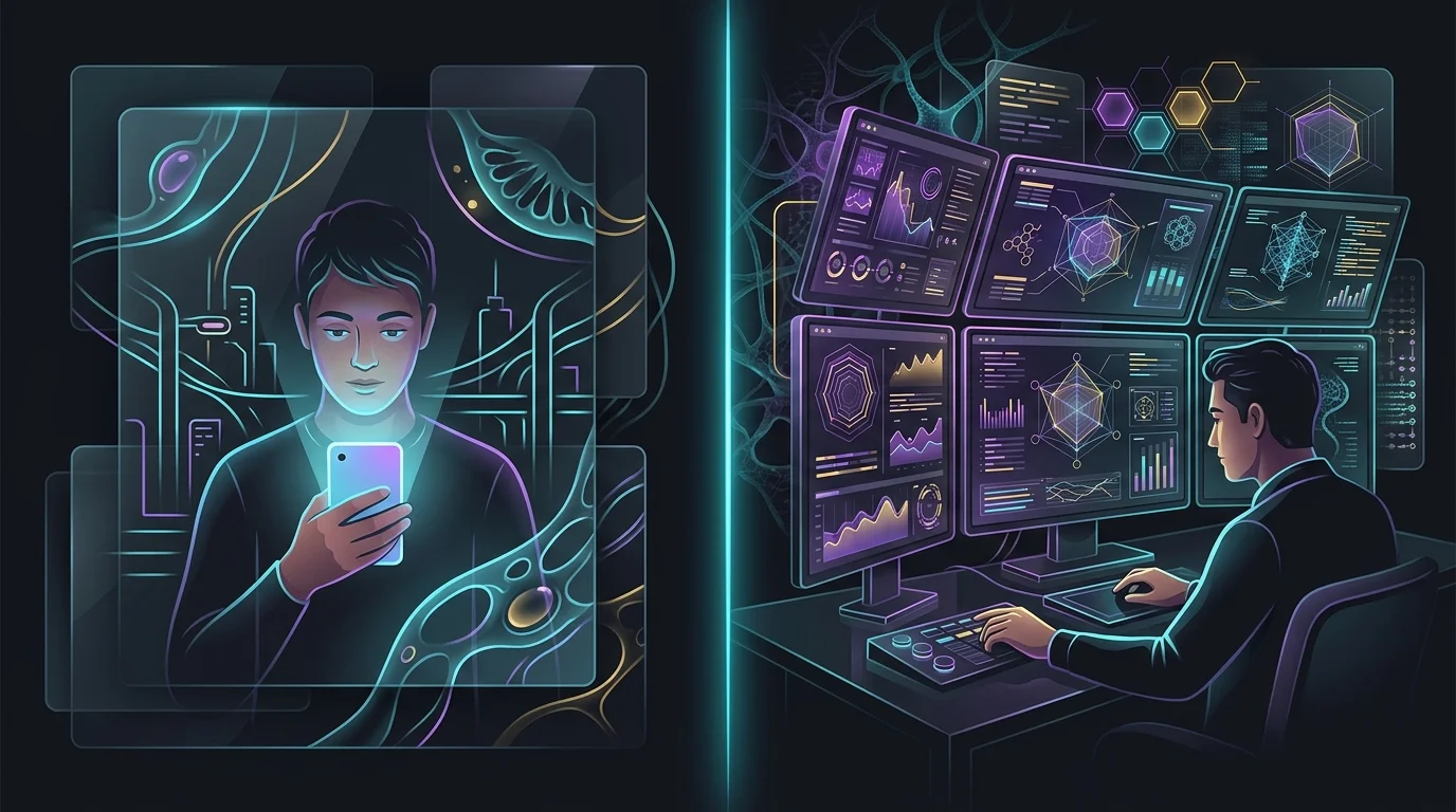Split-screen showing simple gig worker app interface versus a complex dashboard for high-earning freelancers.
