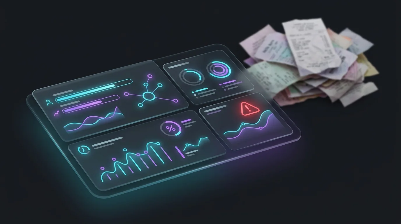Clean digital financial statements on a Digits dashboard replacing a stack of messy paper receipts.