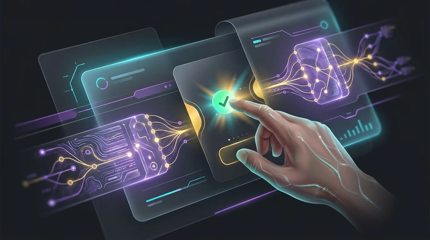 Human reviewer clicking a green checkmark to approve an AI accounting transaction in the Puzzle ledger.