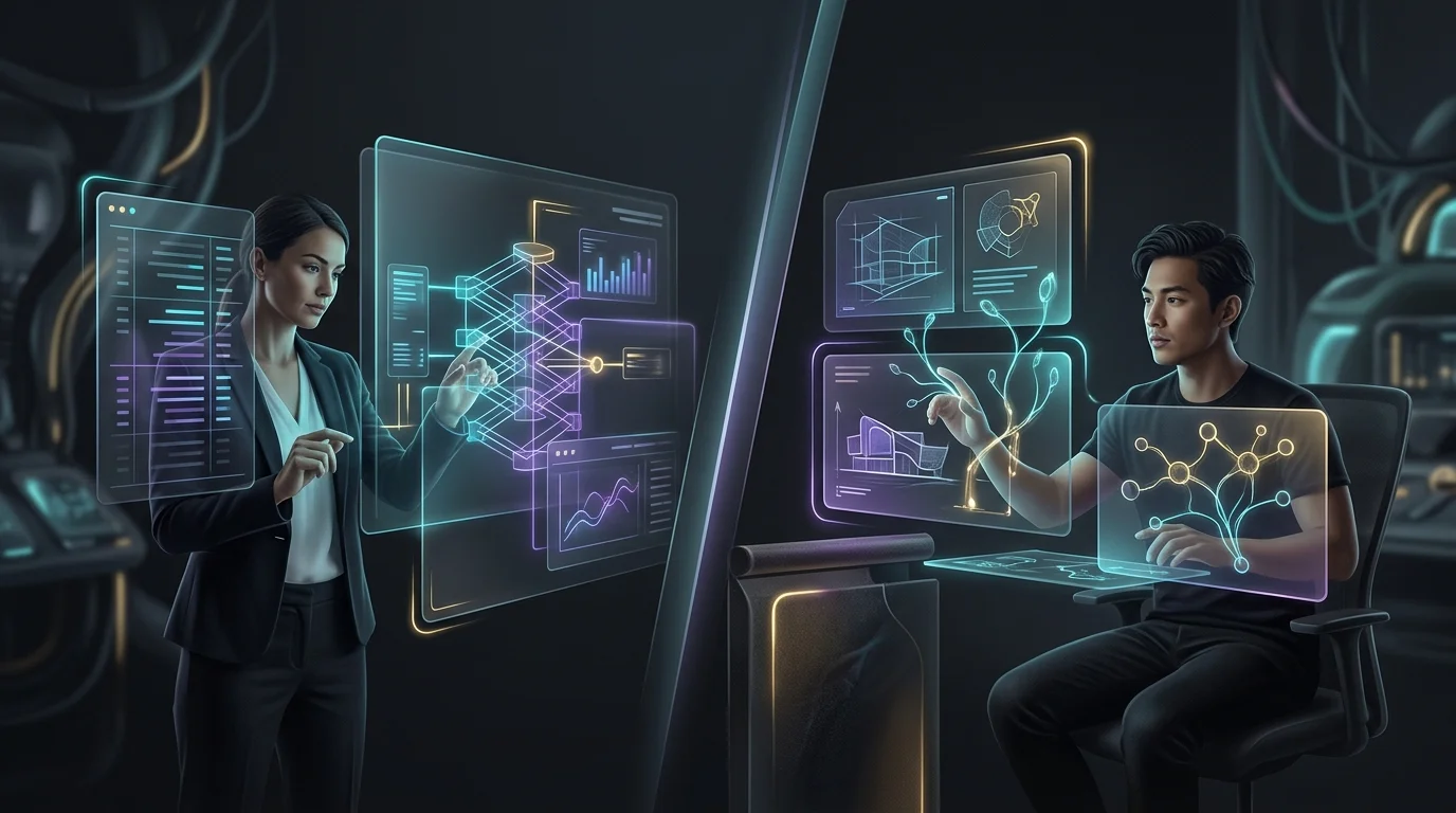 Accountant reviewing digital ledgers alongside a startup founder using AI accounting software for financial planning.