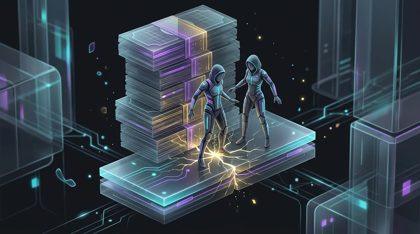 Person standing on a cracking platform under heavy debt stacks, illustrating Bright Money limitations.