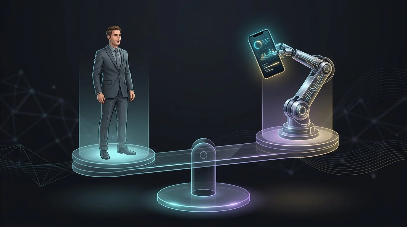 Digital scale balancing a human advisor and AI app to represent Albert Genius subscription pricing.