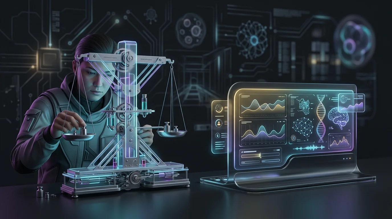 Person balancing a mechanical scale next to a digital dashboard to illustrate the YNAB vs Monarch Money budgeting choice.