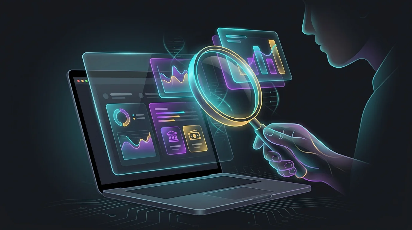 Person using a magnifying glass to analyze detailed financial charts and transaction data on a Copilot Money dashboard.