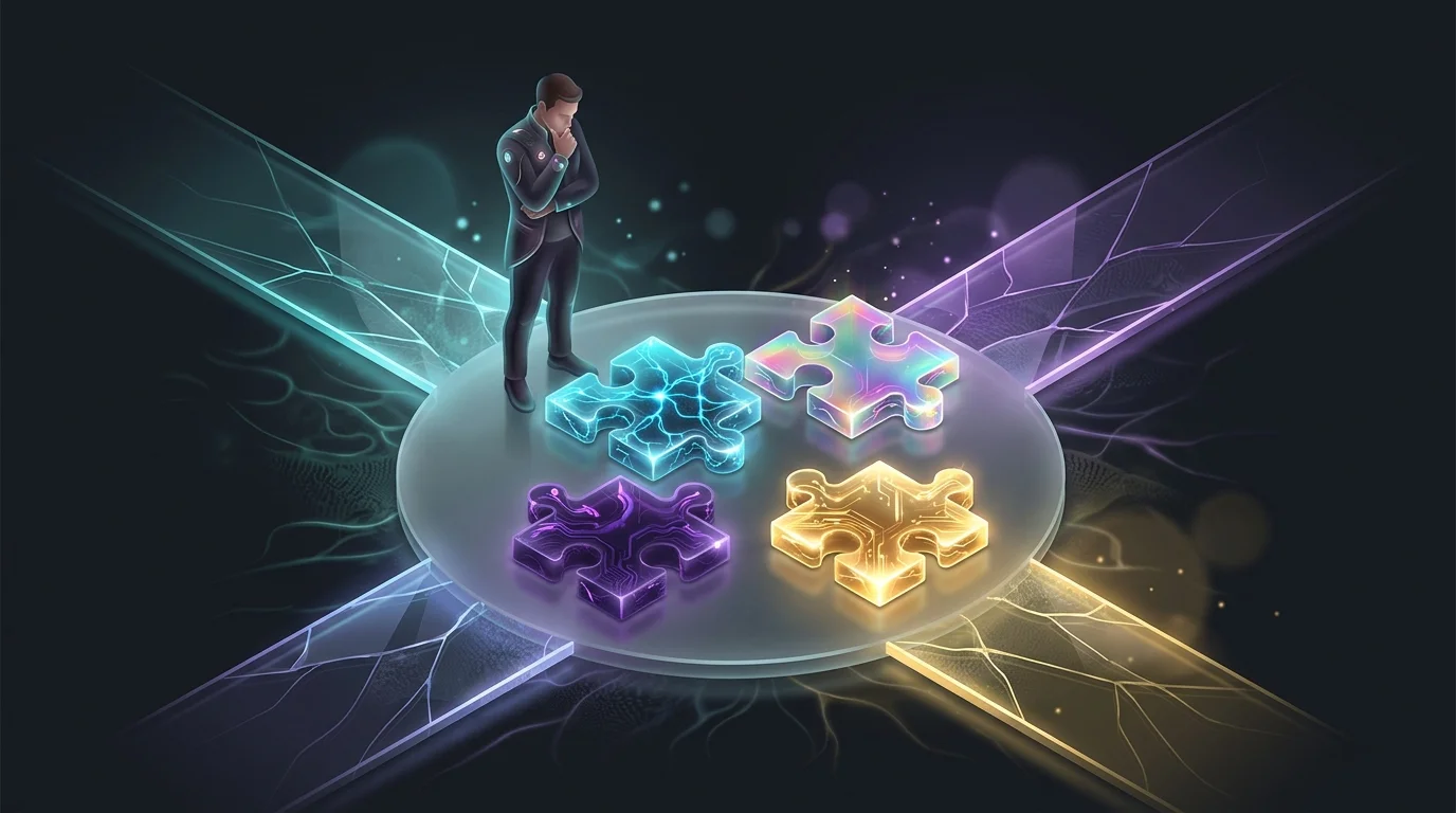 Person at a crossroads comparing four puzzle pieces, representing the functional gaps in Rocket Money alternatives.