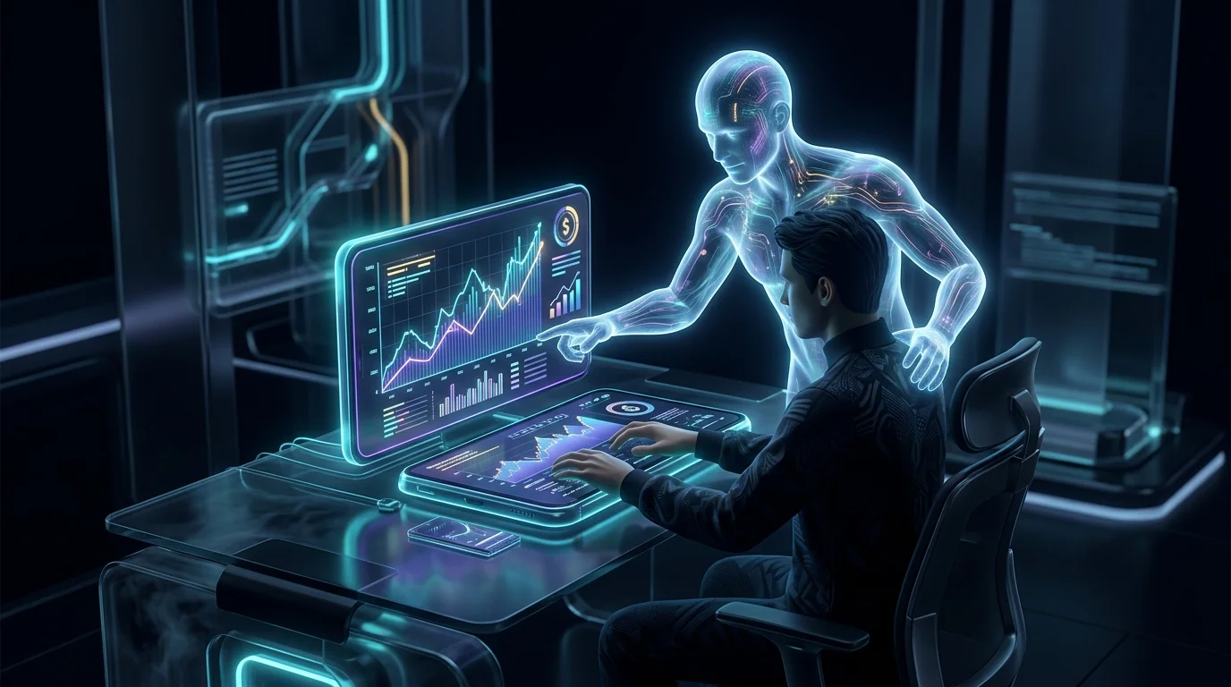 Person typing on a smartphone with a virtual financial advisor pointing to a digital budget chart in the Albert app.
