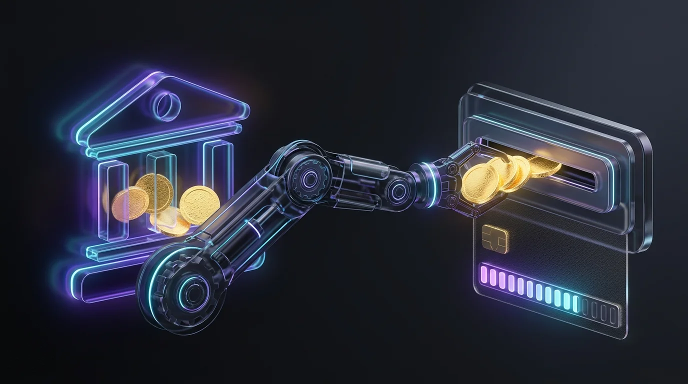 Mechanical arm moving coins from a bank account to a credit card to reduce debt in a Bright Money automation app.