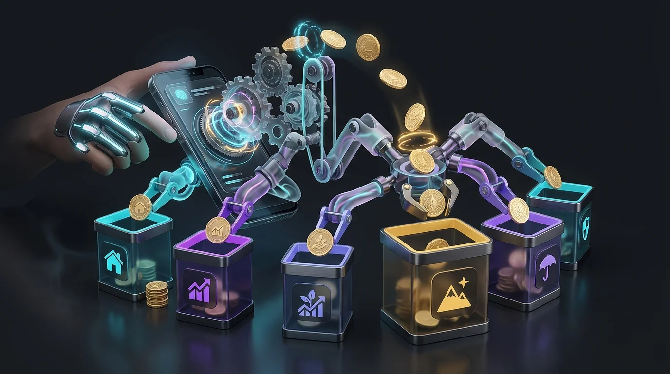 Smartphone showing Monarch Money app interface organizing floating gold coins with automated gears for financial tracking.