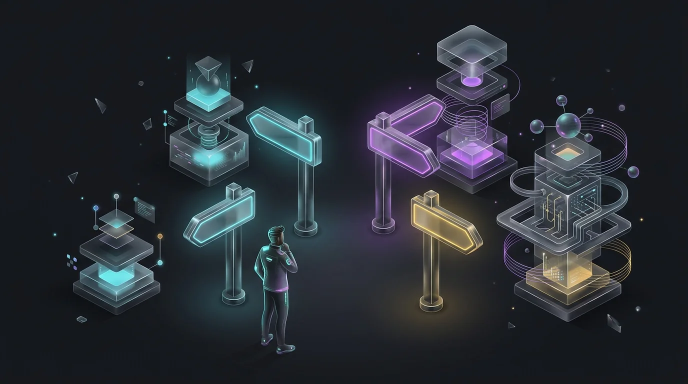 Trader looking at signposts for various AI stock tools representing the trade-offs between different trading platforms.