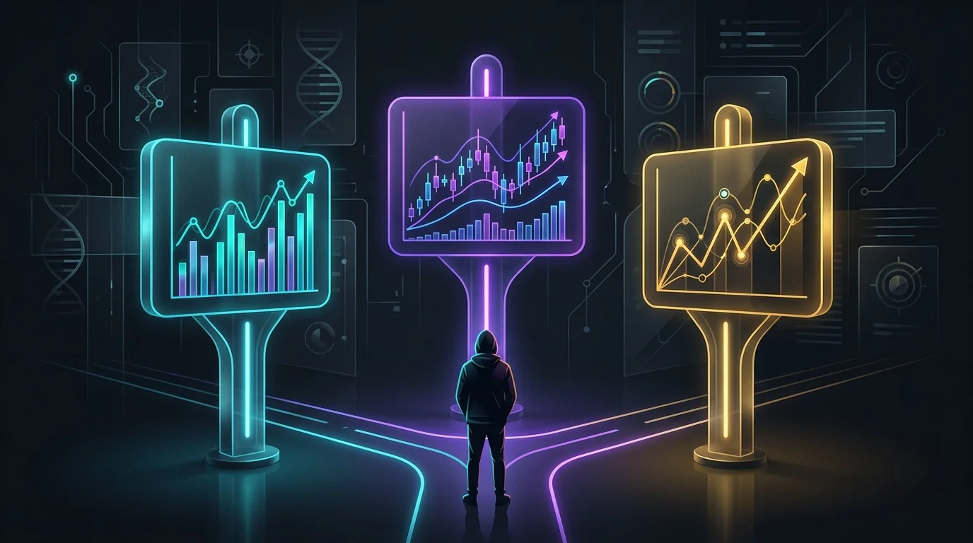 Trader standing at a crossroads choosing between different AI stock tools and trading software platforms.