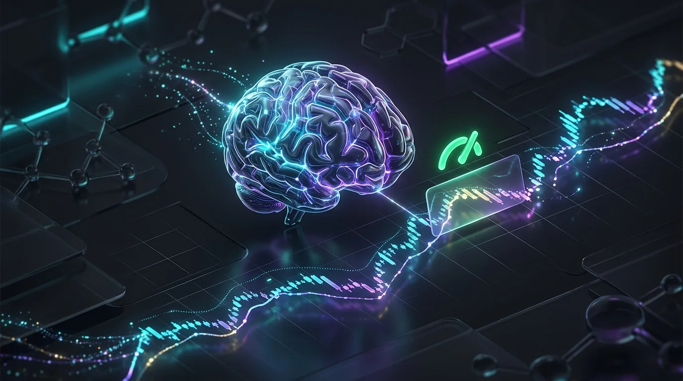 Digital brain analyzing a stock chart pattern to provide a Tickeron AI confidence score for trade ideas.