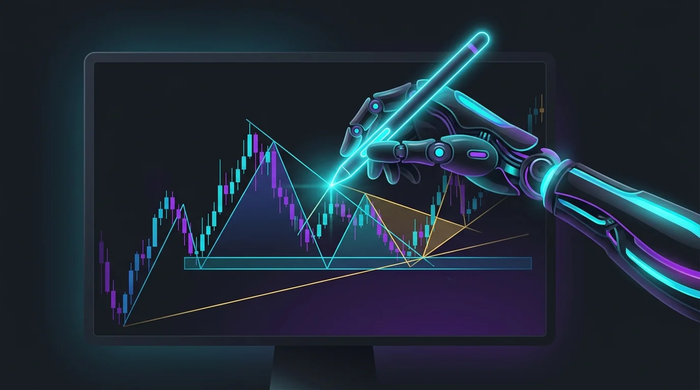 Robotic arm using a digital stylus to automate technical analysis and trendlines on a stock chart.