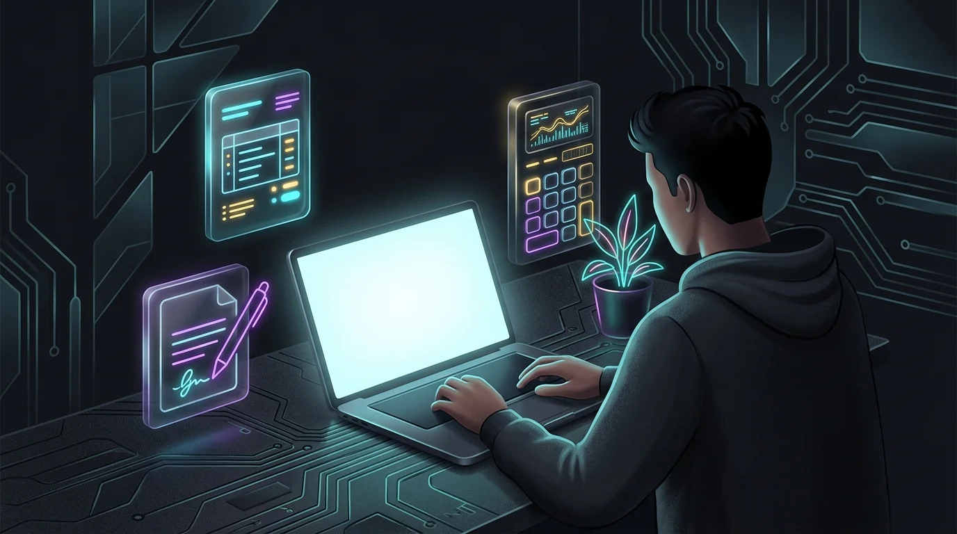 Freelancer using Bonsai tax tools on a laptop to manage invoices and AI tax filing estimates.