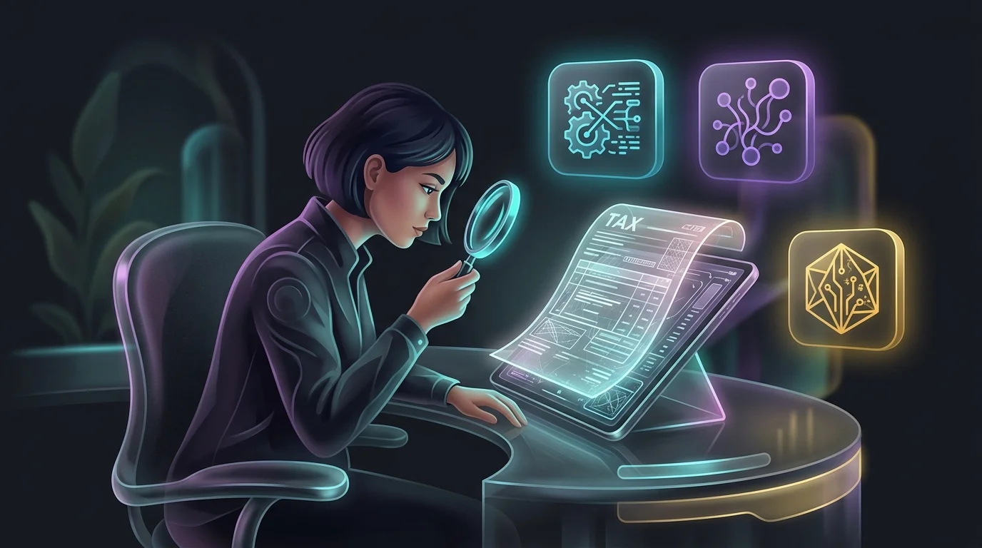 Person inspecting a digital tax document with icons representing AI tax filing alternatives nearby.