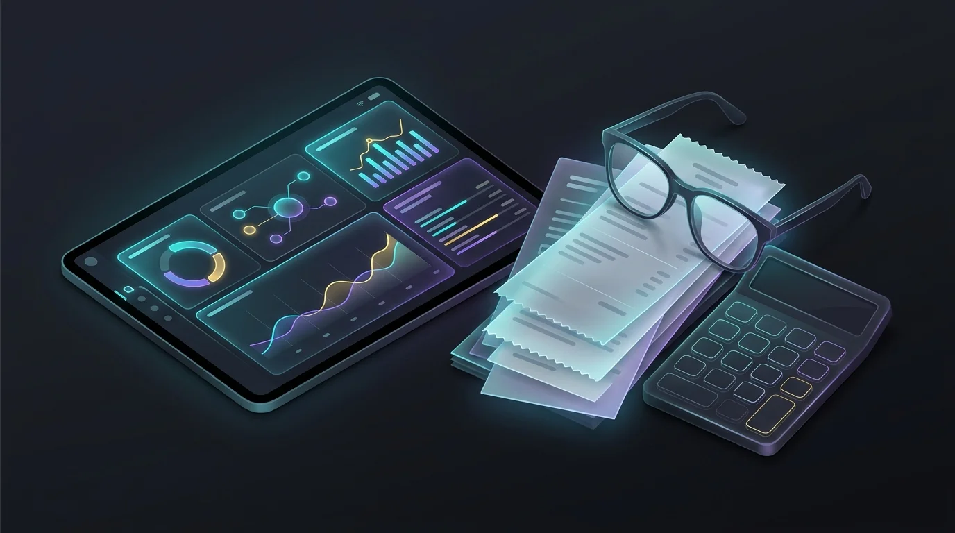 Tablet displaying an AI tax deduction dashboard alongside invoices and a calculator for FlyFin expense tracking.