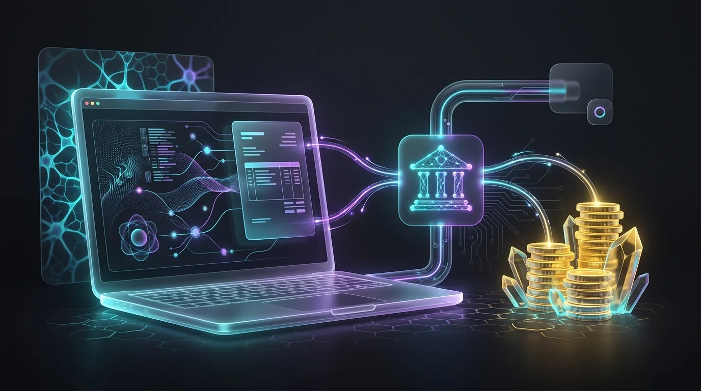 Laptop screen showing Wave accounting software and a professional invoice connected to gold coins for freelancer finance.