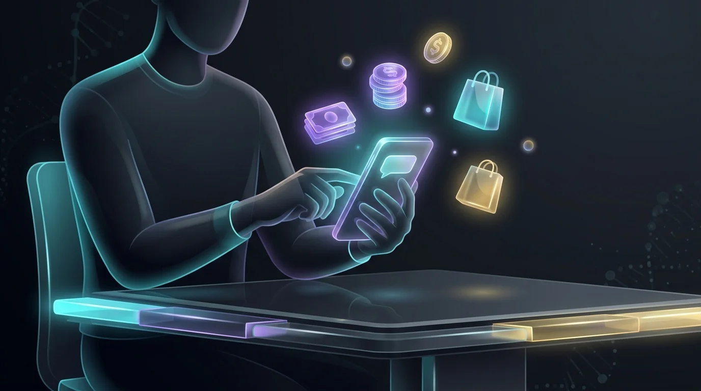 Freelancer using Cleo chat interface on smartphone to manage AI budgeting and spending.