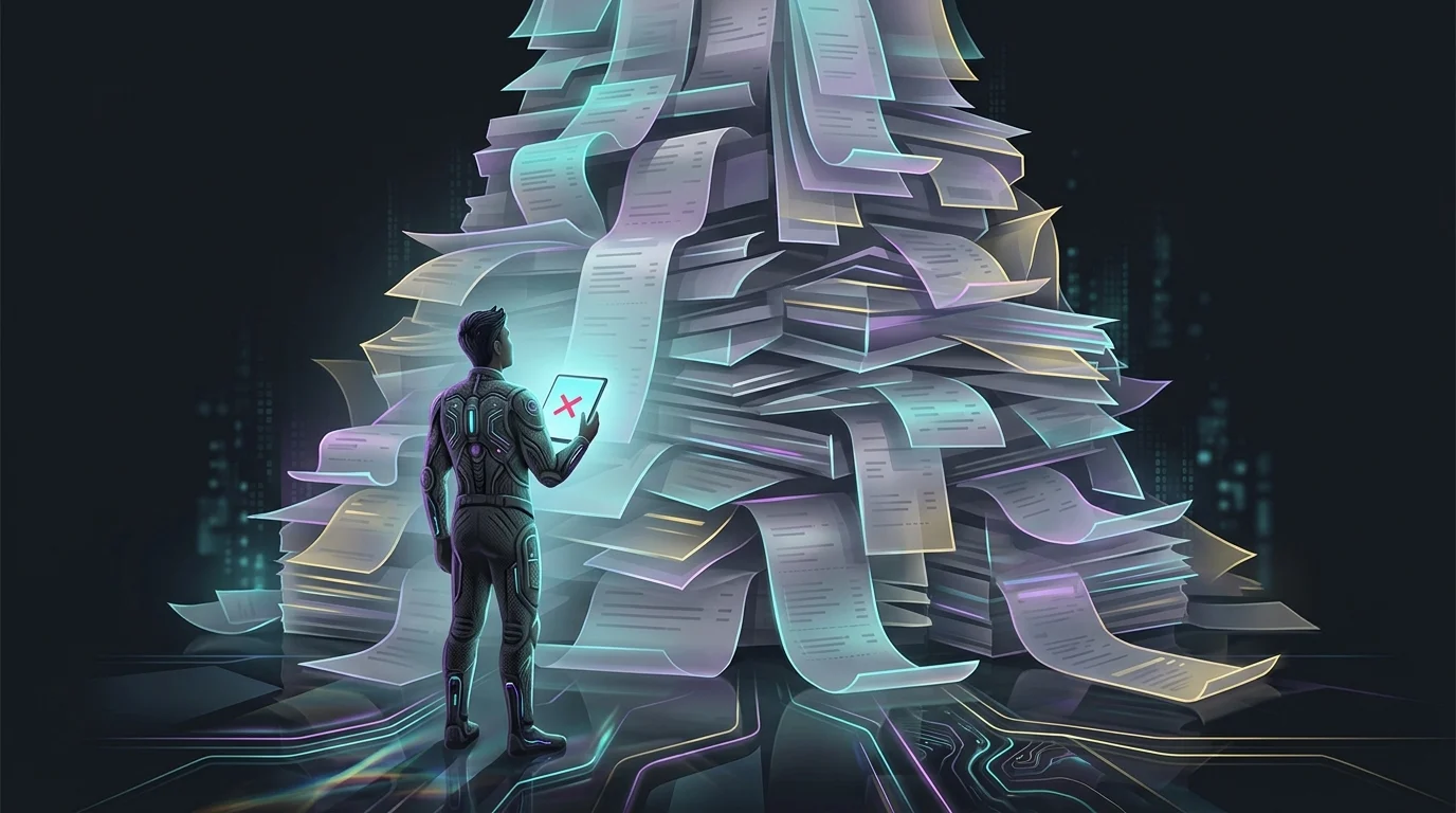 Person holding a digital tablet with an error icon while facing a massive, disorganized stack of paper tax receipts.