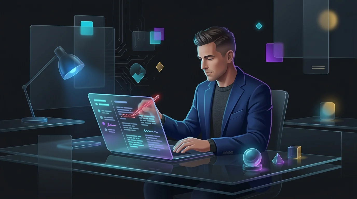 Financial advisor correcting transcription errors in an AI tool meeting report on a laptop screen.