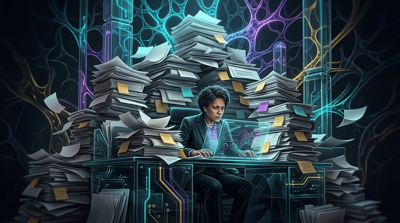 Financial advisor overwhelmed by a massive stack of paper files and notes, highlighting the need for AI automation.